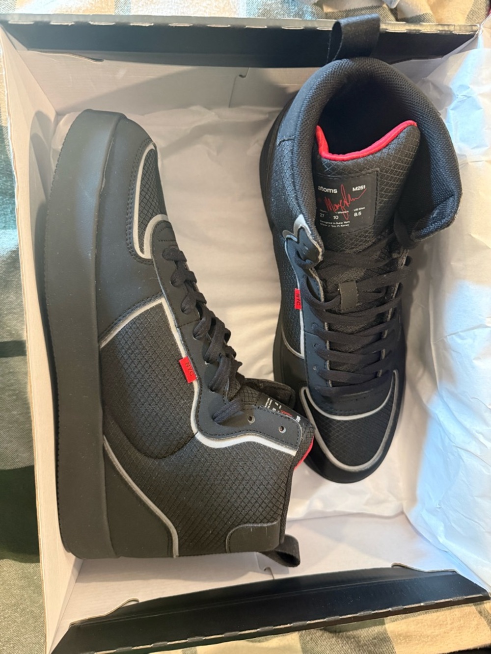 Atoms Black High-Top Sneakers with Red Trim